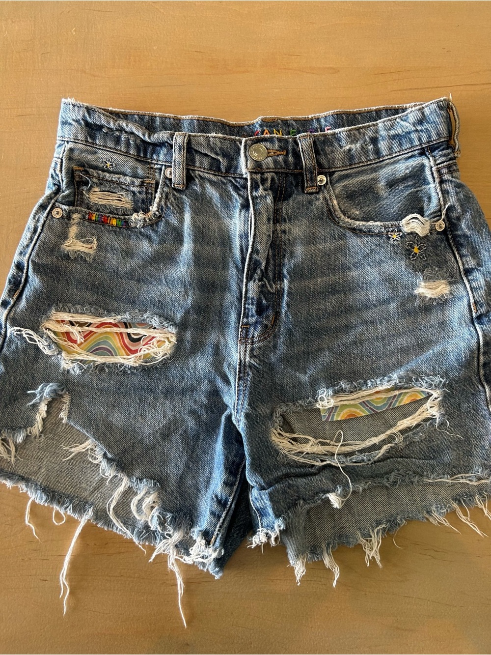 American Eagle Outfitters Blue Distressed Denim Shorts with Rainbow InsEF